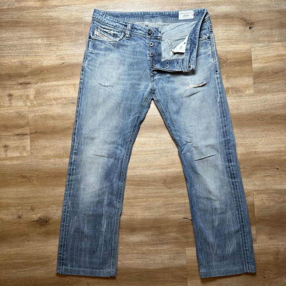 Diesel Viker Jeans Men 31x28 Blue Straight Leg Made in Italy Distressed (Hemmed)